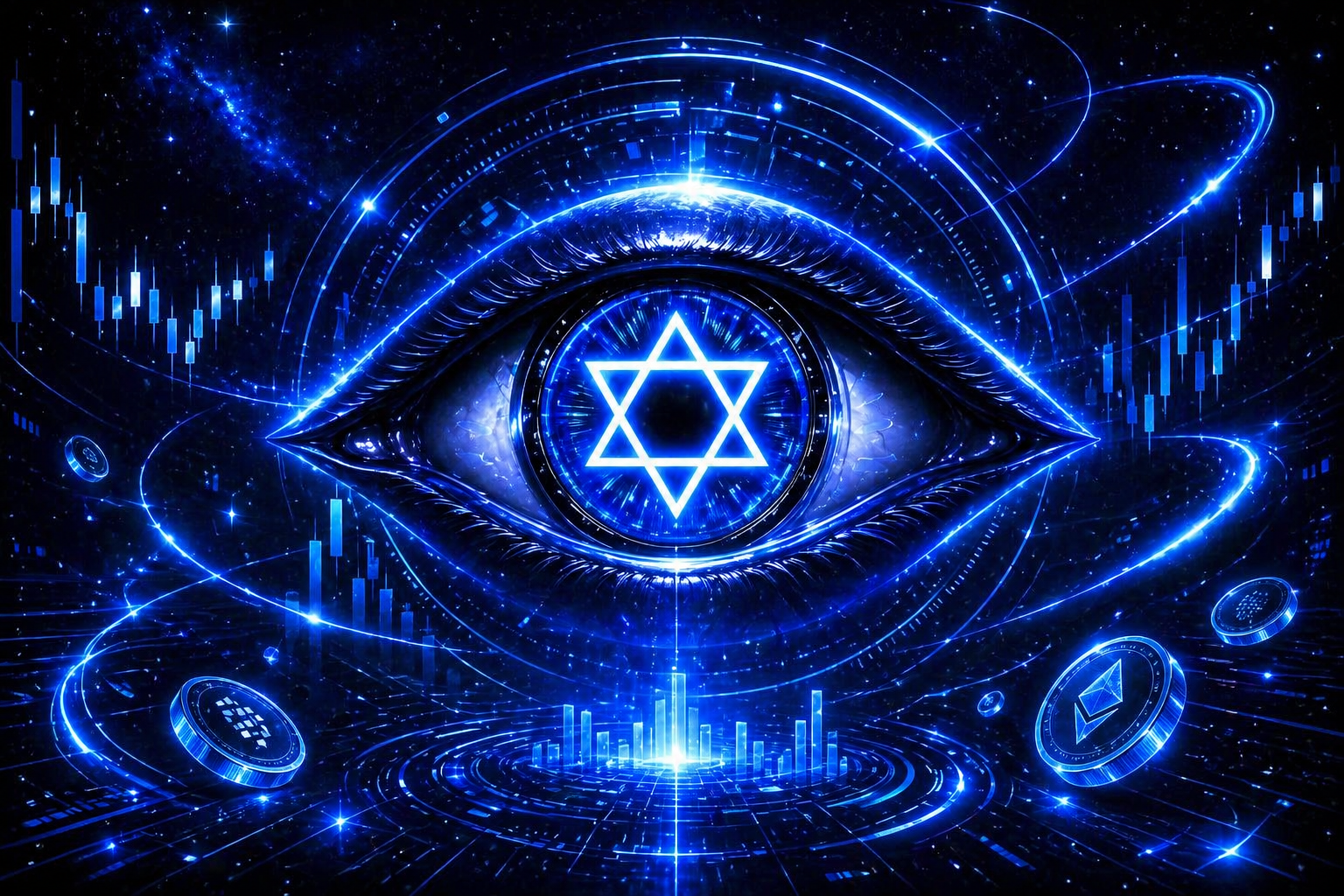Neon blue Eye of the Jew hero artwork with Star of David inside the eye