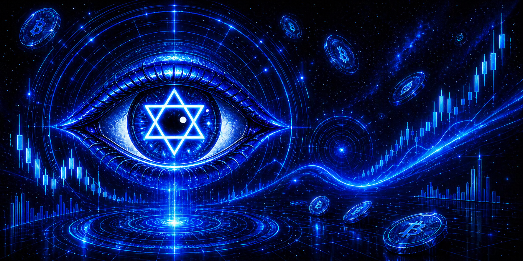Neon blue Eye of the Jew lore artwork with Star of David inside the eye